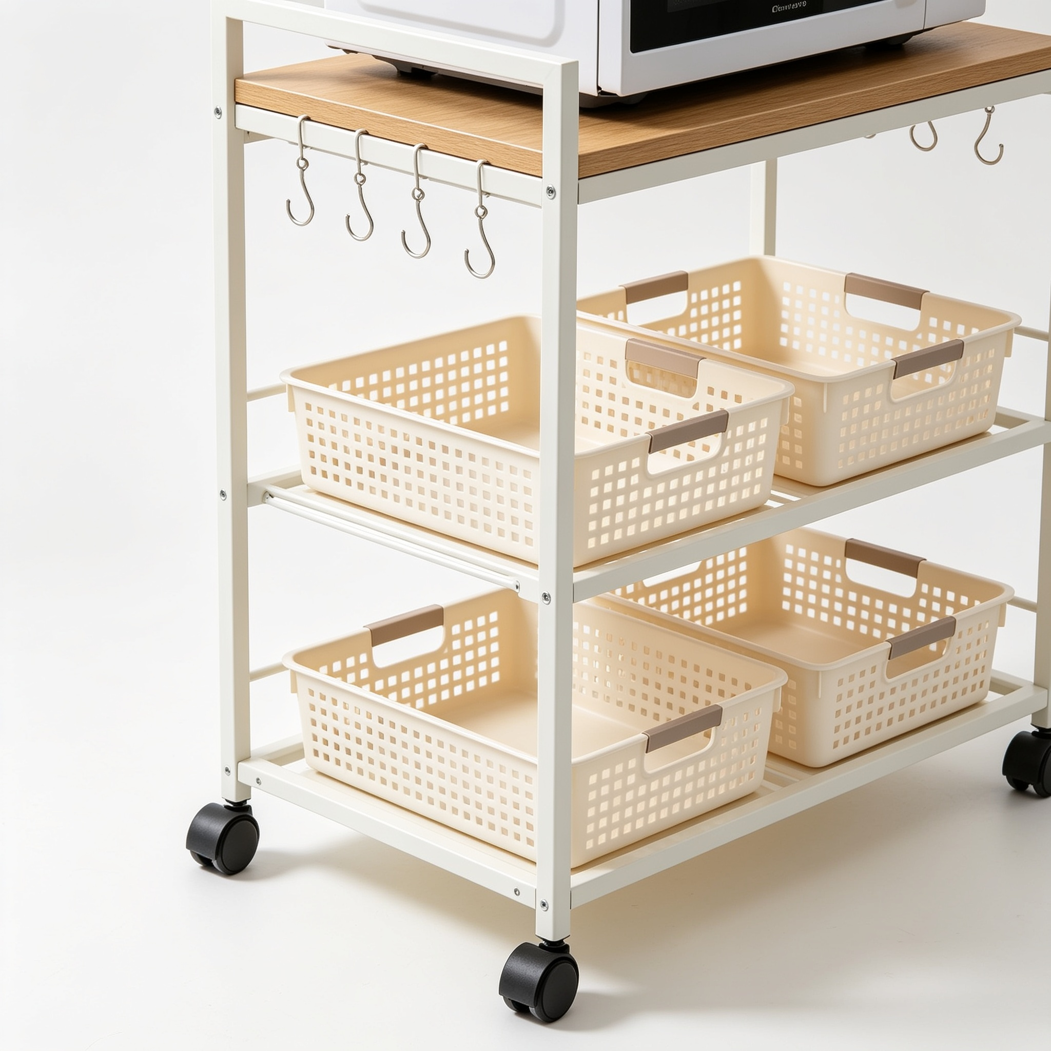 Modfurnspace Rolling Kitchen Cart with Storage - Microwave Table Stand with 6 Hooks & 3 Baskets, Kitchen Island Cart on Lockable Wheels, 28.3" L × 14.6" W Baker's Rack Cart for Dining Room Coffee Bar Office