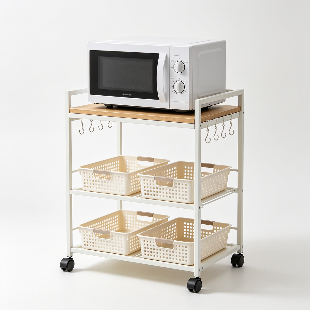Modfurnspace Rolling Kitchen Cart with Storage - Microwave Table Stand with 6 Hooks & 3 Baskets, Kitchen Island Cart on Lockable Wheels, 28.3" L × 14.6" W Baker's Rack Cart for Dining Room Coffee Bar Office